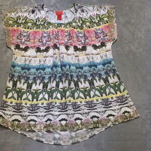 V‎ Christina Womens Blouse Scoop Neck Studded Short Sleeve Oversized Sz M Floral